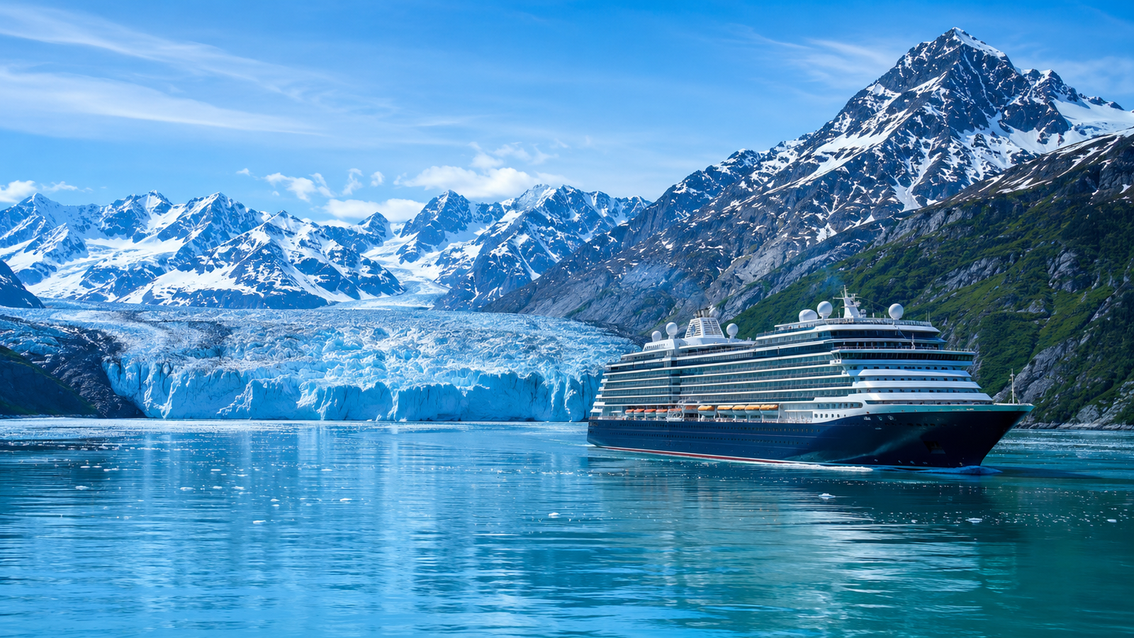 A cruise ship sailing through the Inside Passage in Alaska