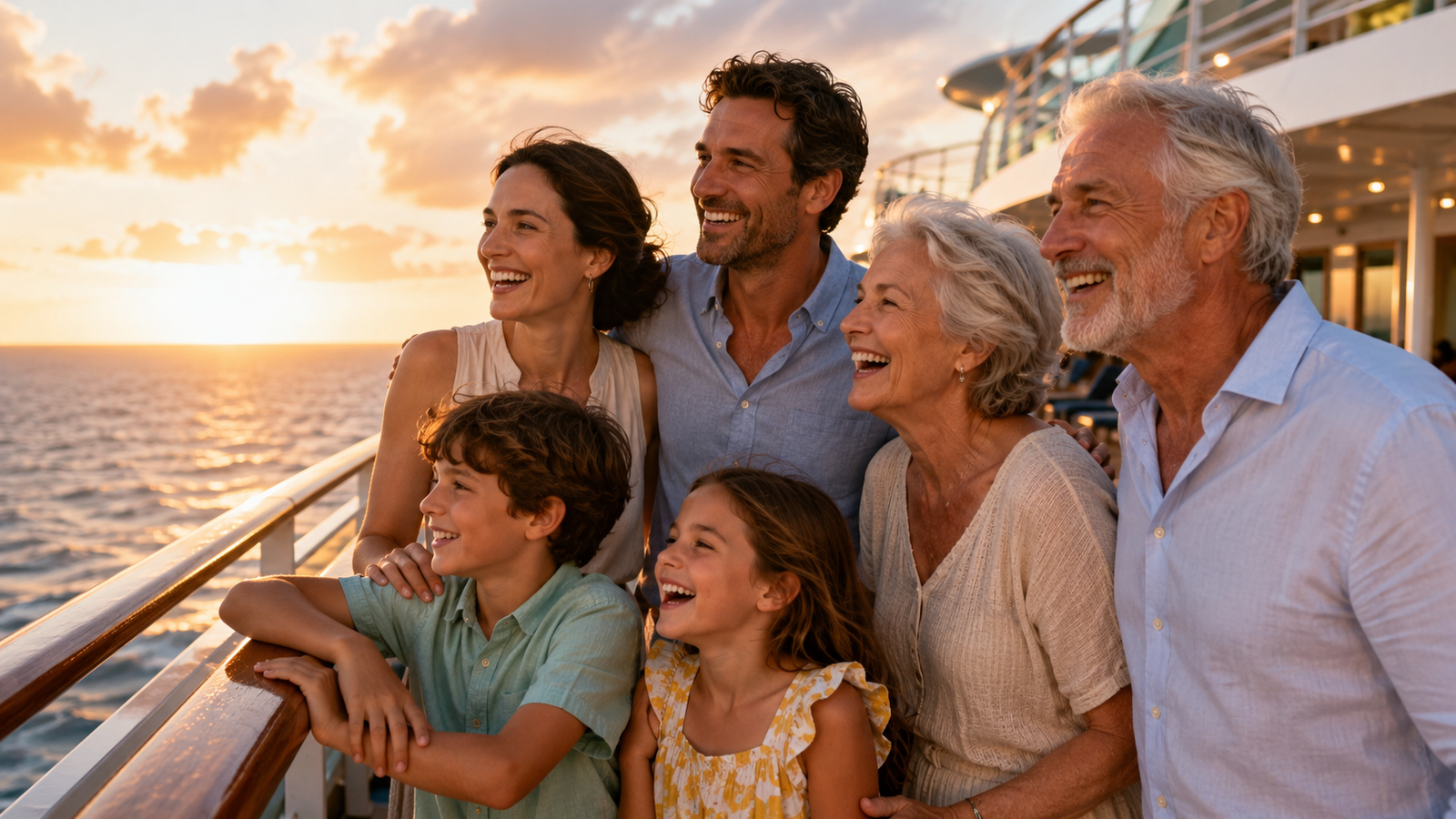 A family enjoying a pool deck on a cruise ship