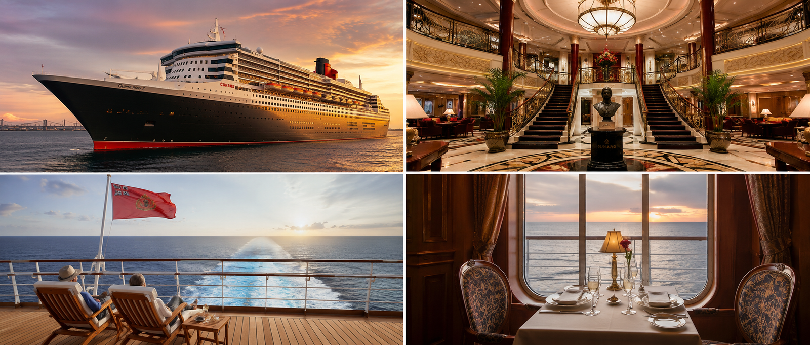 A Cunard ship sailing at sunset