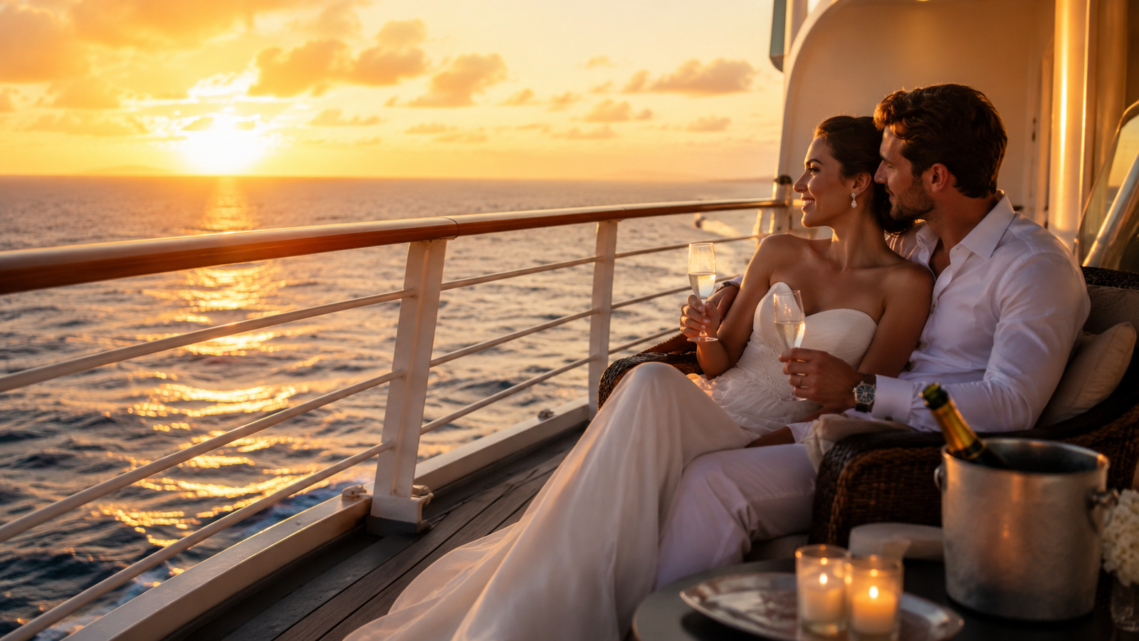 A couple enjoying a balcony on a honeymoon cruise