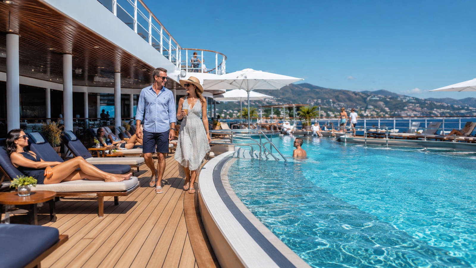 A cruise ship sailing along the Mediterranean coast