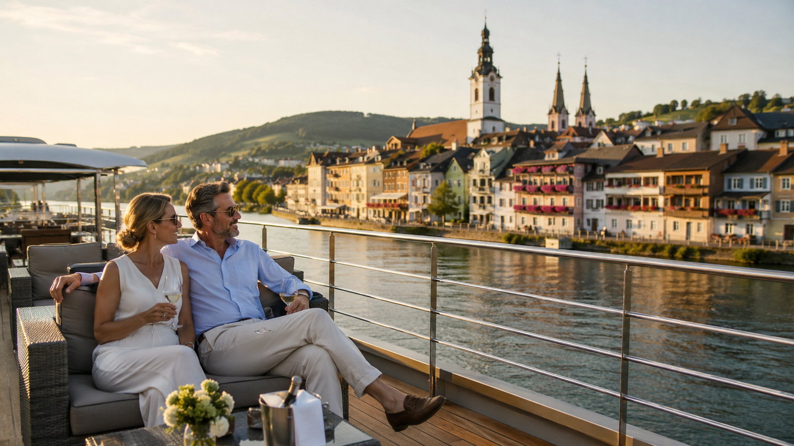 A river cruise ship sailing past castles on the Rhine