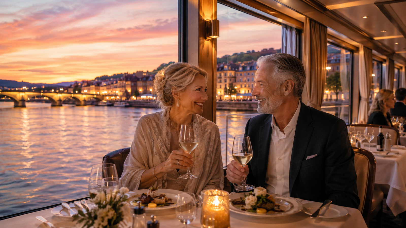 A Christmas market river cruise stop in Europe