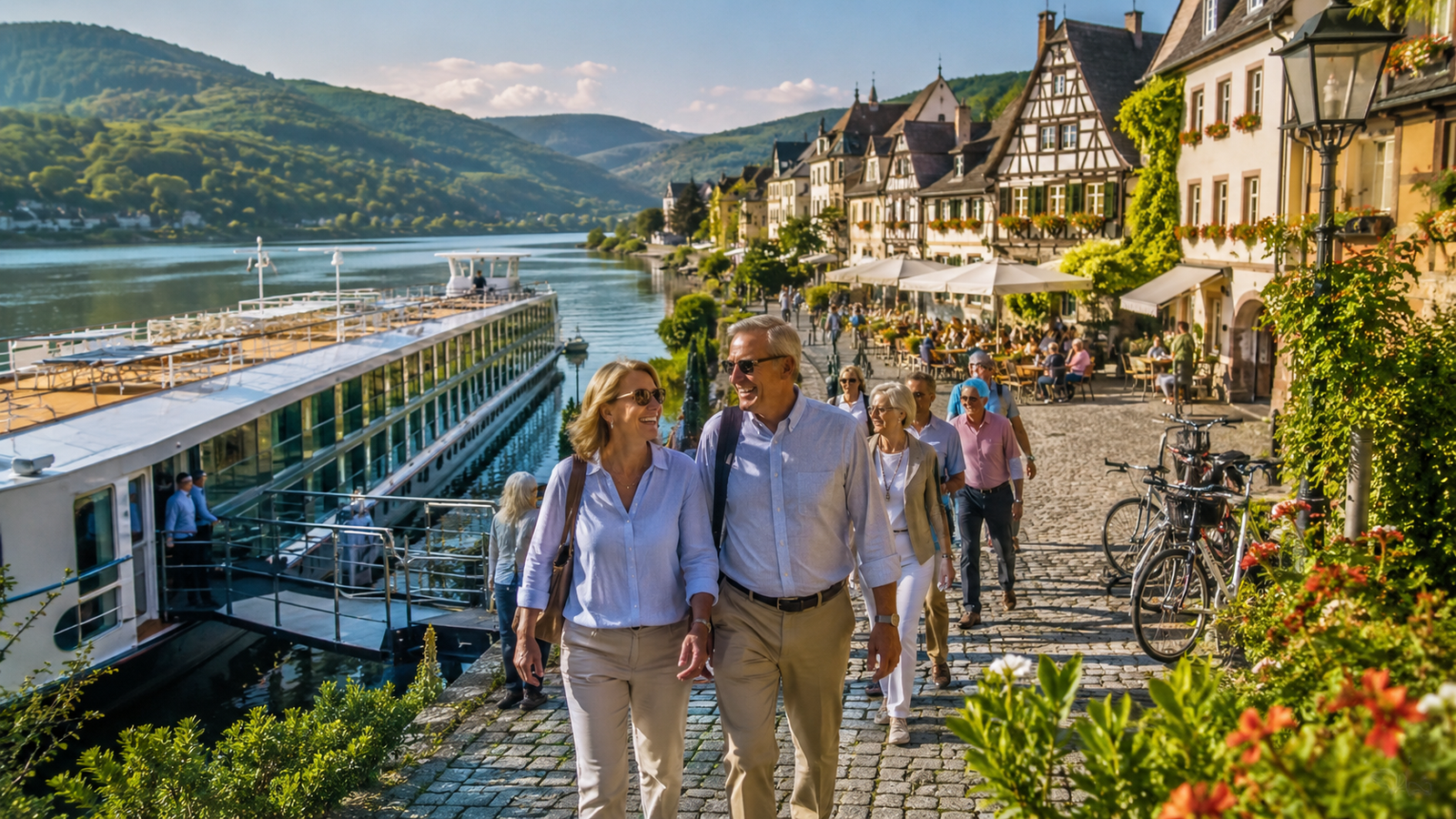 A small river cruise ship docked in a European town
