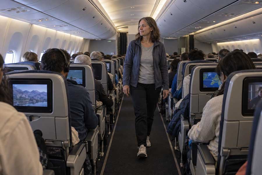 Traveler arriving relaxed and ready to explore after a long flight