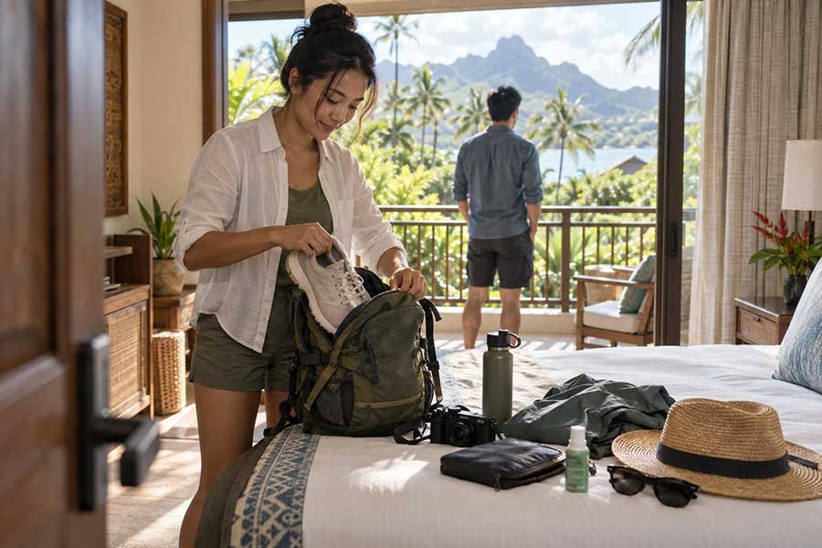 An insulated tumbler and light layer packed for resort comfort