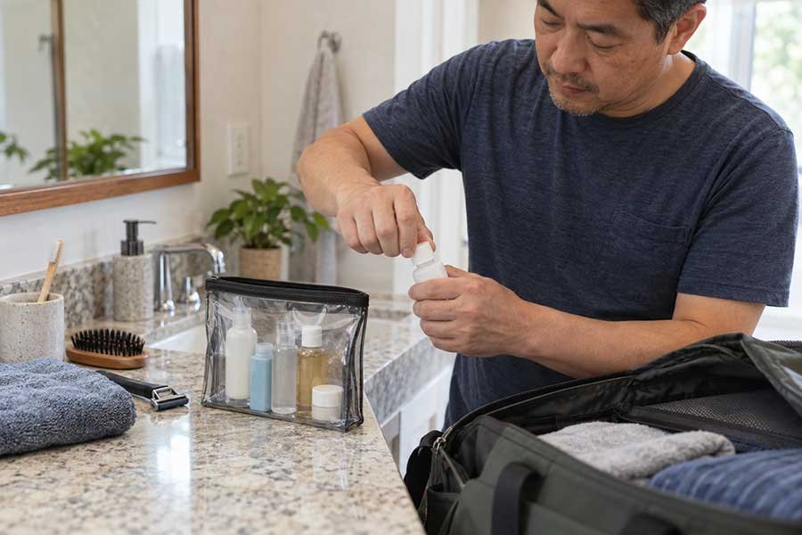 Small sensory comfort items packed for a relaxing vacation
