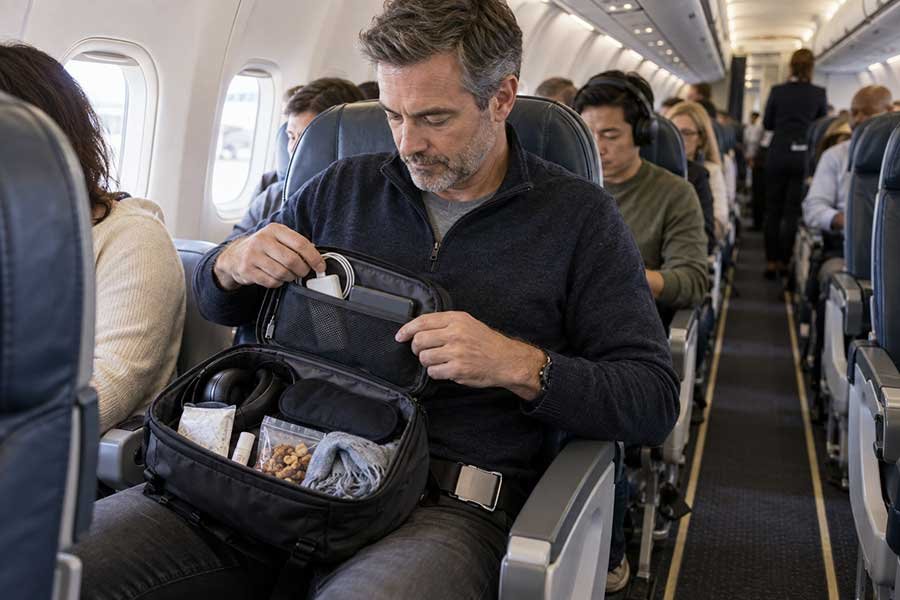 Traveler using a neck pillow and footrest for comfort during a flight