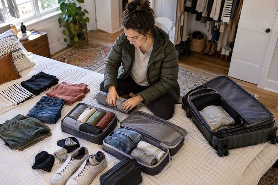 A traveler saving space, time, and money while packing