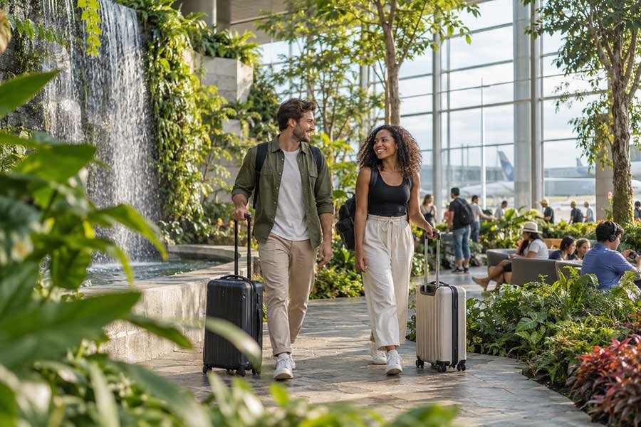 A traveler staying connected and charged during a long layover