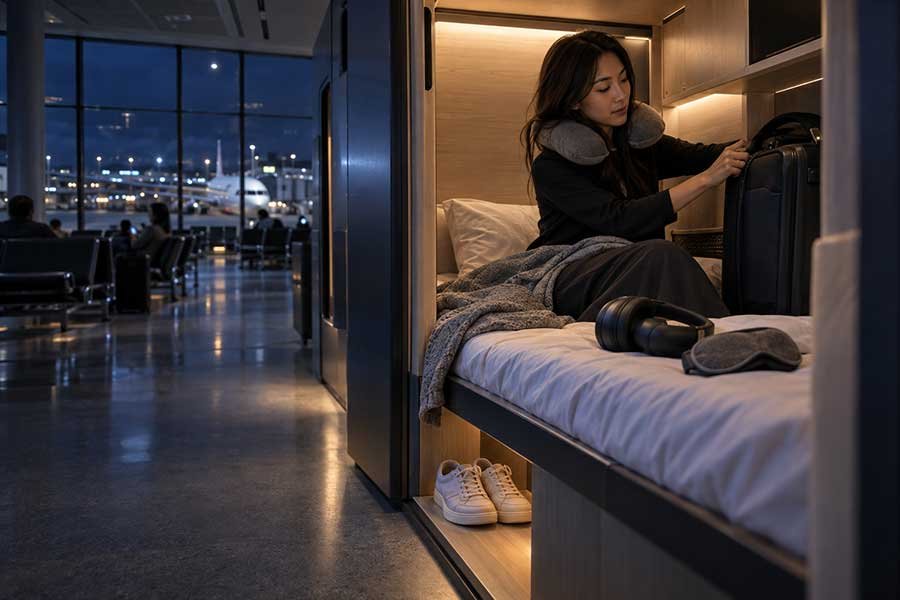 A traveler protecting their connecting flight during a long layover