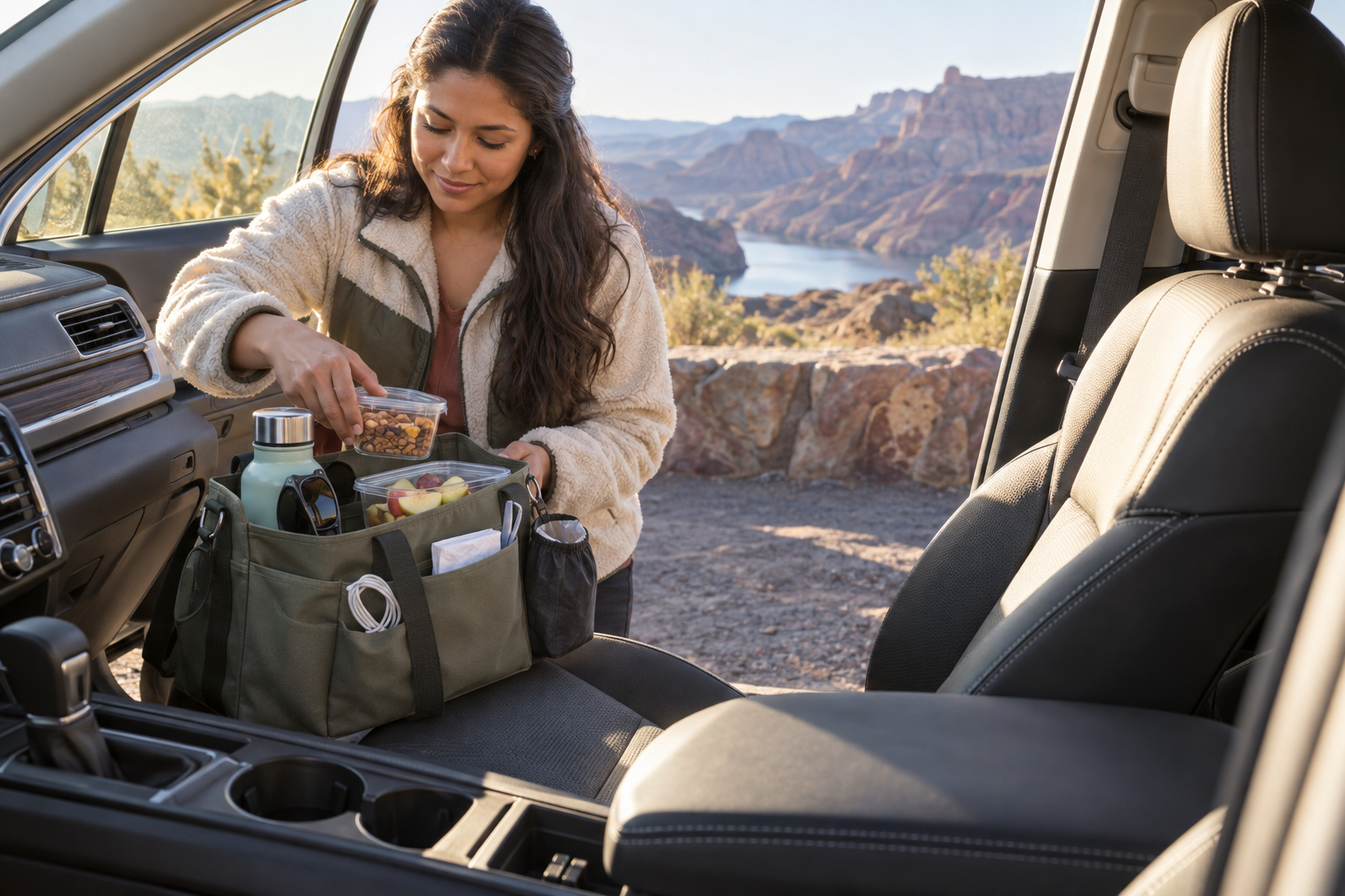 Sealed snack containers packed for a mess-free road trip