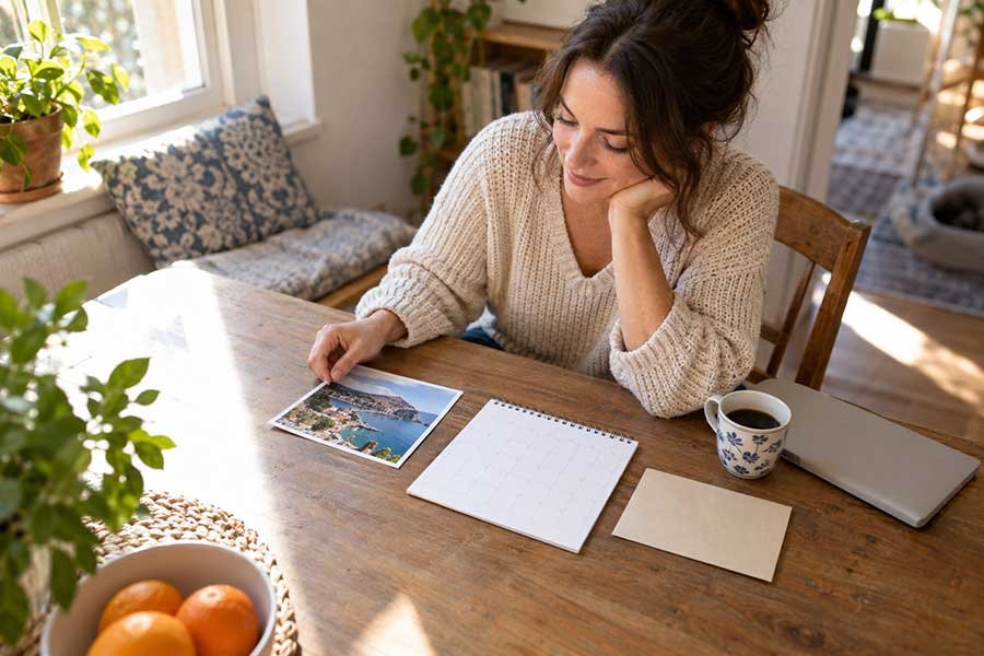 A traveler planning a trip calmly instead of feeling overwhelmed