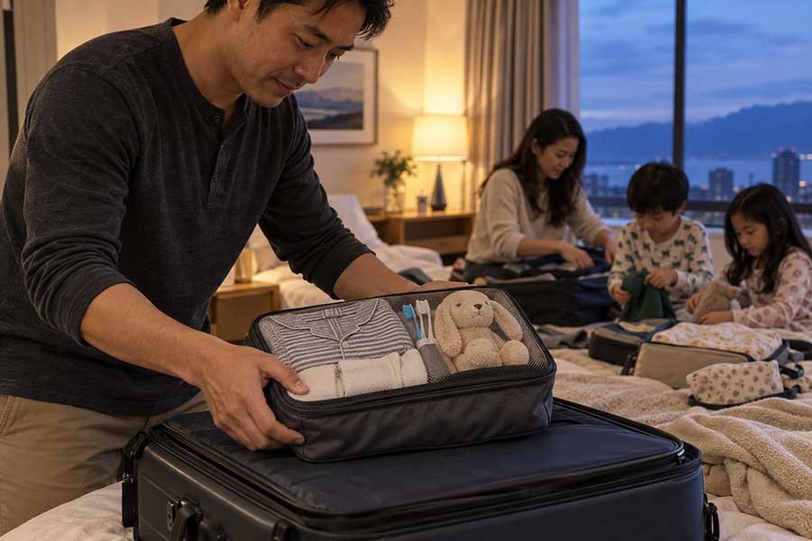 A family reviewing a shared packing list together