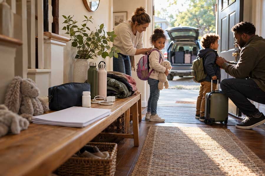 A family ready for a stress-free vacation with everything packed together