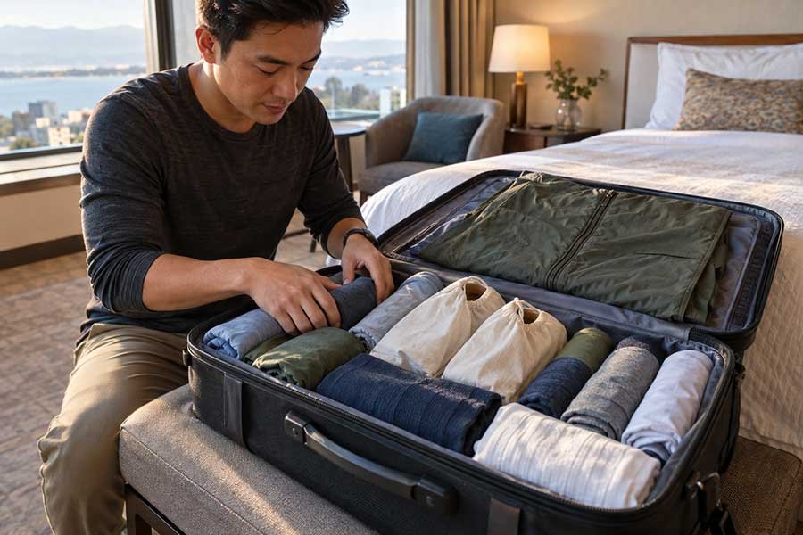 Clothes filed vertically in a suitcase using a real organization system