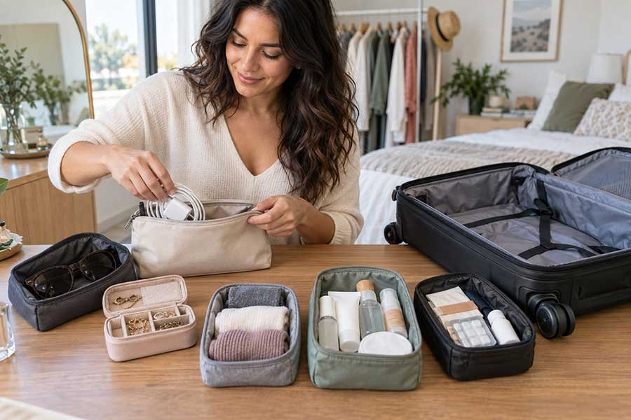 Labeled and color-coded packing cubes in an organized suitcase