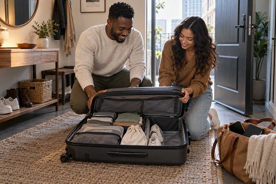 A fully organized suitcase ready for a trip