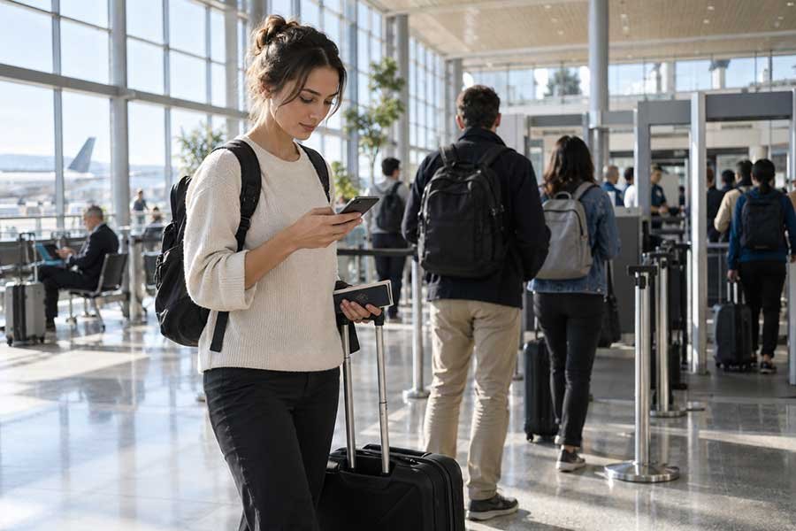 A traveler moving smoothly through the airport