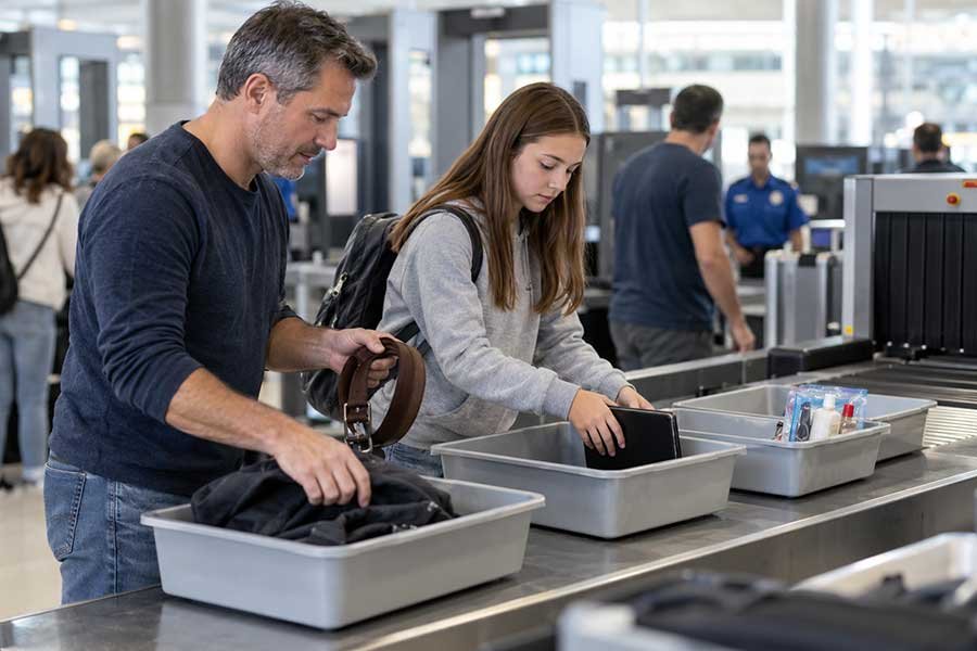 A traveler checking in and dropping off bags at the airport