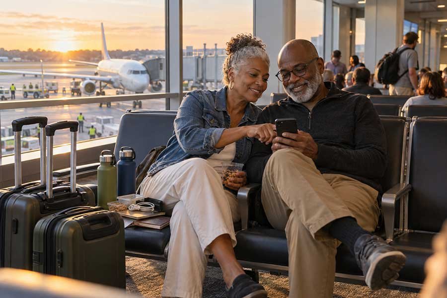 A traveler navigating a busy airport terminal