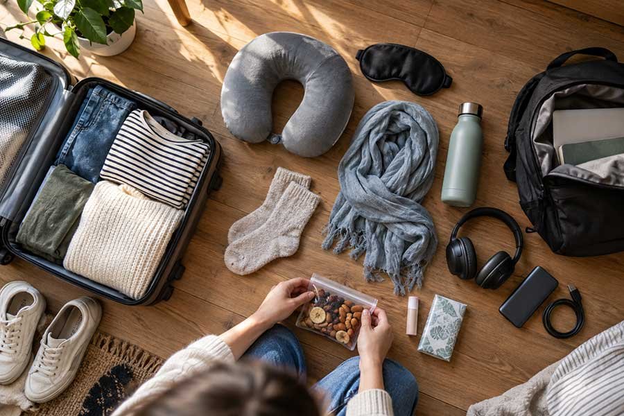 A carry-on bag packed with comfort essentials for a flight