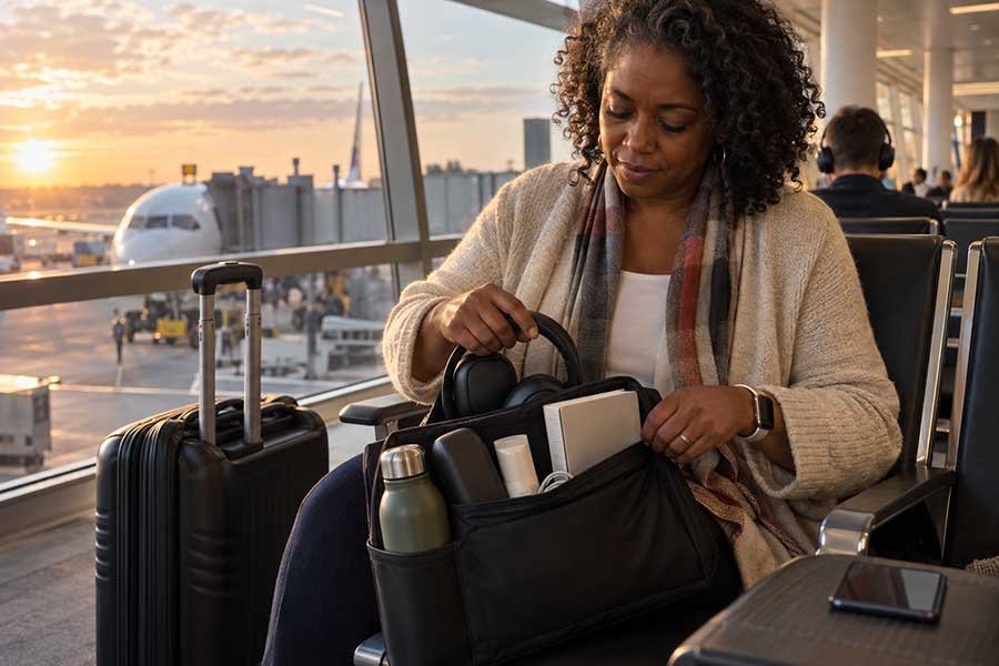 Tech essentials packed in a carry-on for a comfortable flight