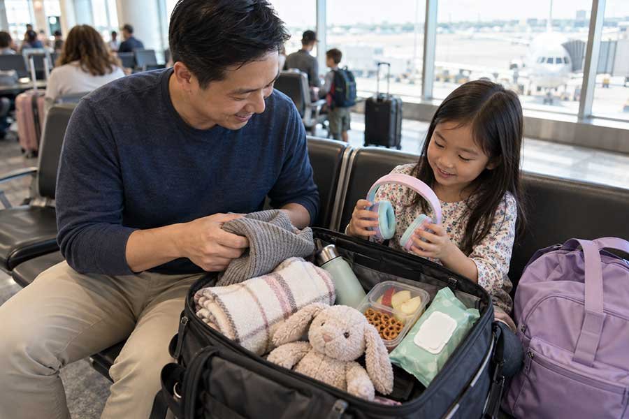 A fully packed carry-on ready for a comfortable flight