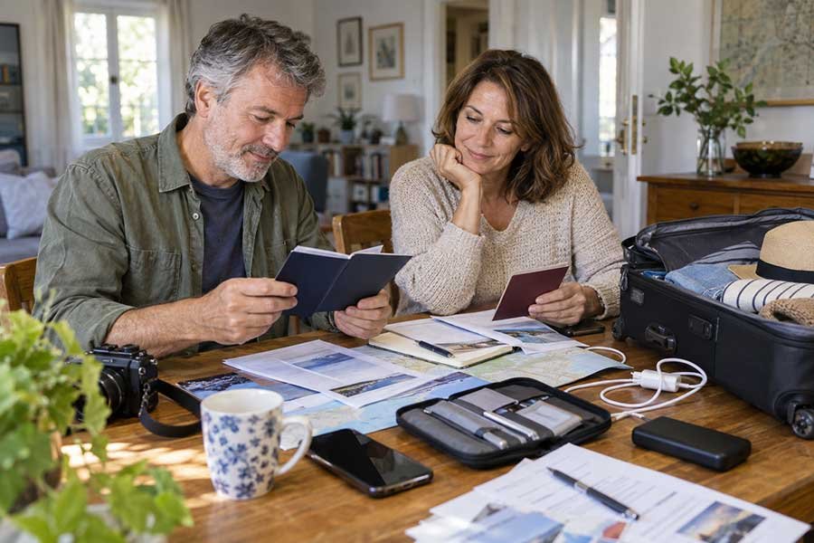 Traveler organizing cash, cards, and travel documents before an international trip