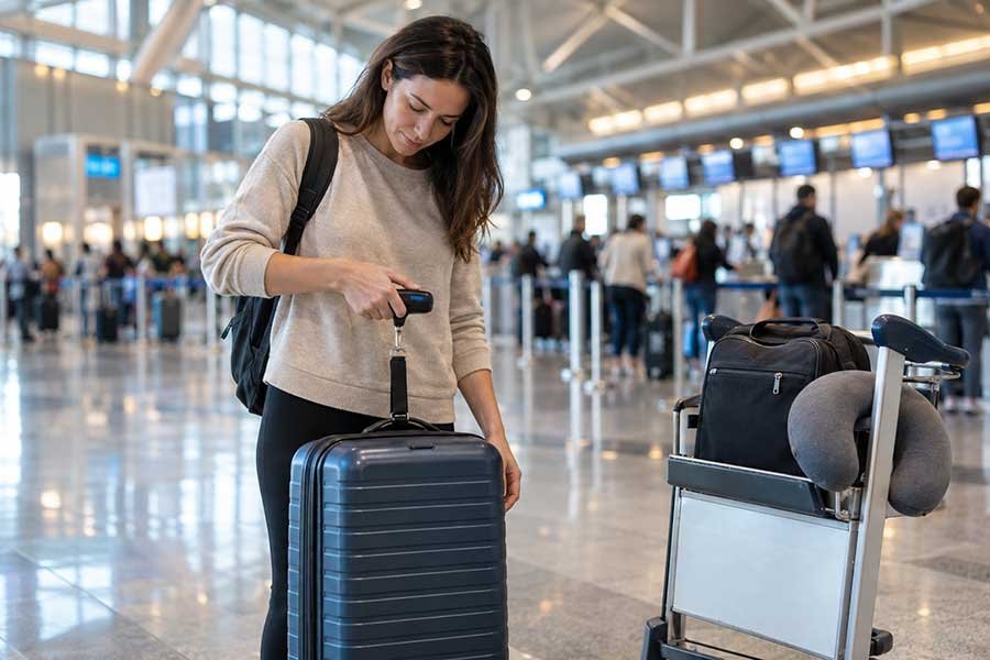 Packed carry-on bag with electronics, adapters, and travel essentials