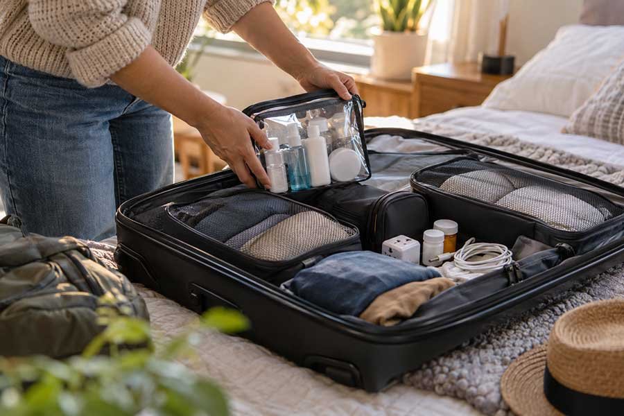 Rolled clothing packed neatly in a suitcase for an international trip