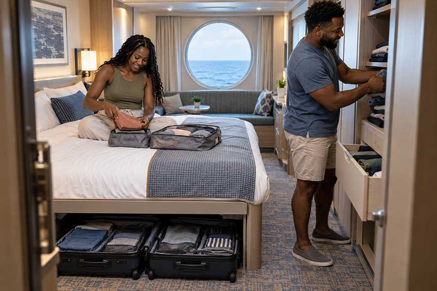 An organized cruise cabin with smart packing tricks in use