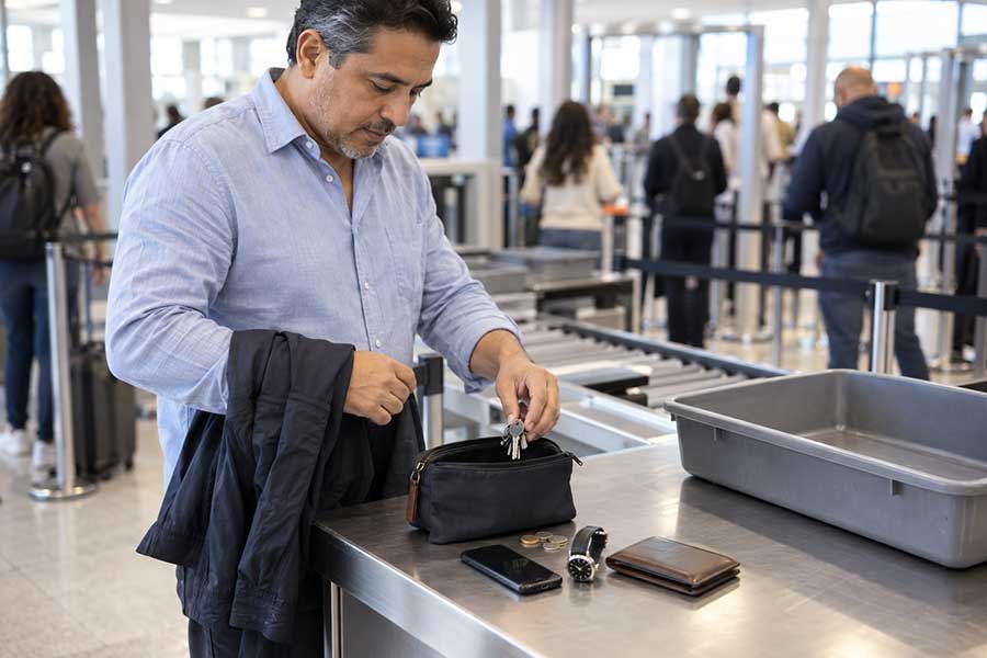 A laptop and liquids bag packed in an easy-to-reach layer for security