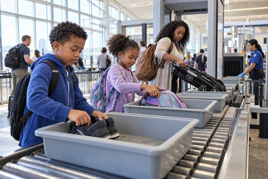 A traveler going through a body scanner at airport security