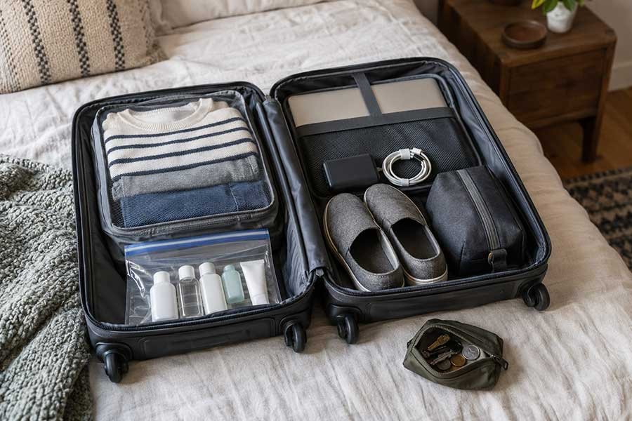 Traveler placing items in a security bin at the airport checkpoint