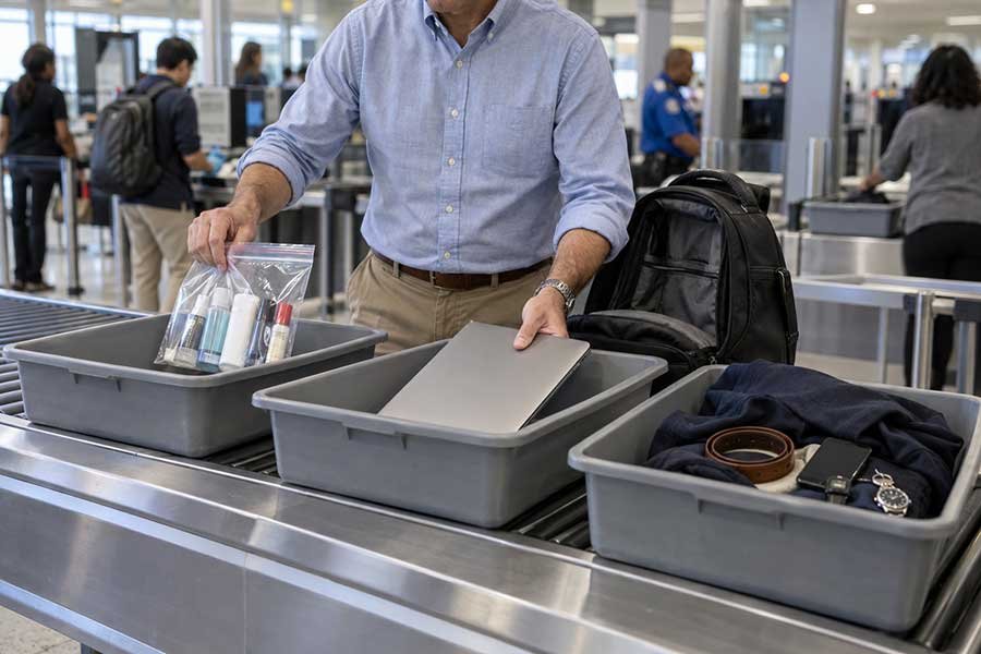 Checked luggage packed with sporting goods and tools for airport security