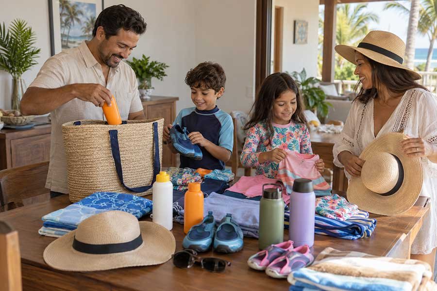 Swimwear and a cover-up packed for a family resort trip