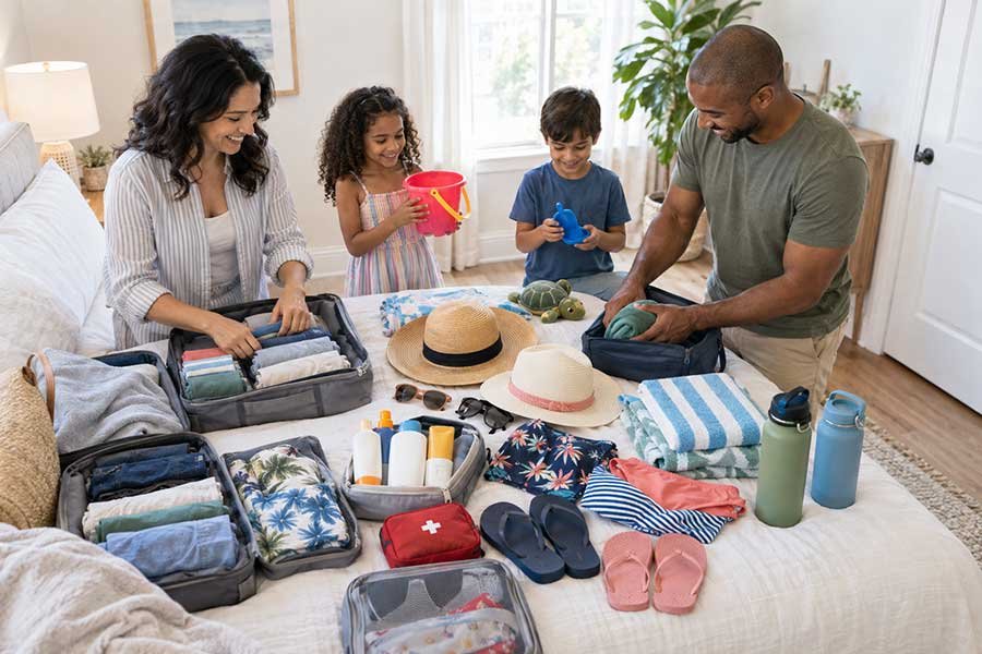 A family packing for a beach vacation