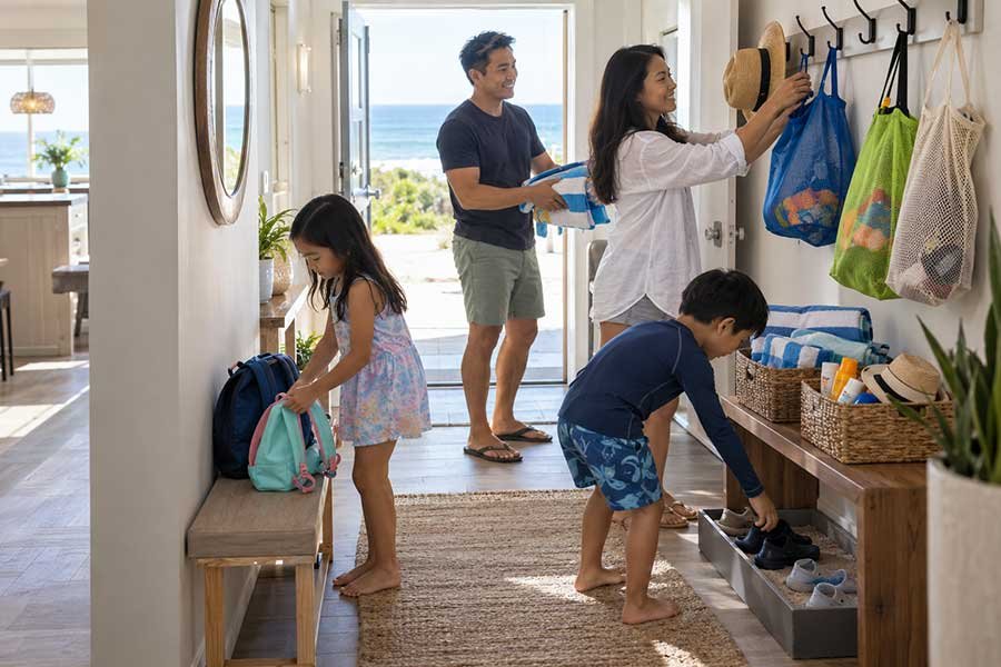 Swim gear organized by family member for a beach trip