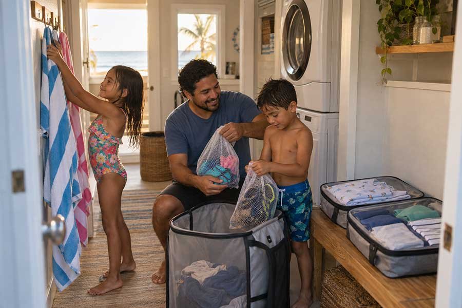 Kids' beach gear packed for a family vacation