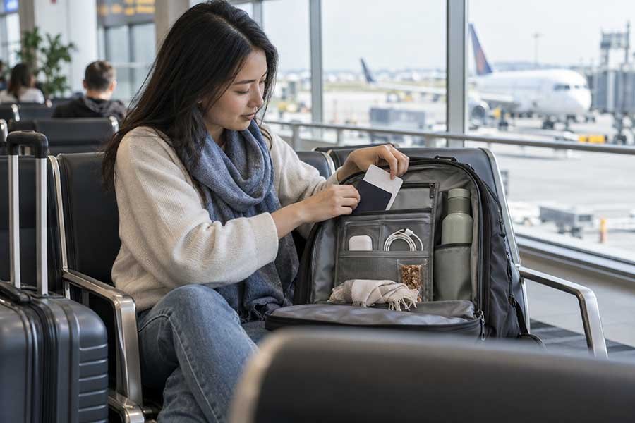 Travel documents organized in a carry-on bag