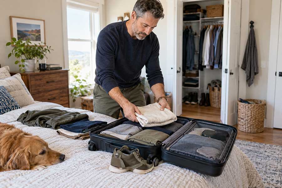 A man packing a carry-on bag for a trip