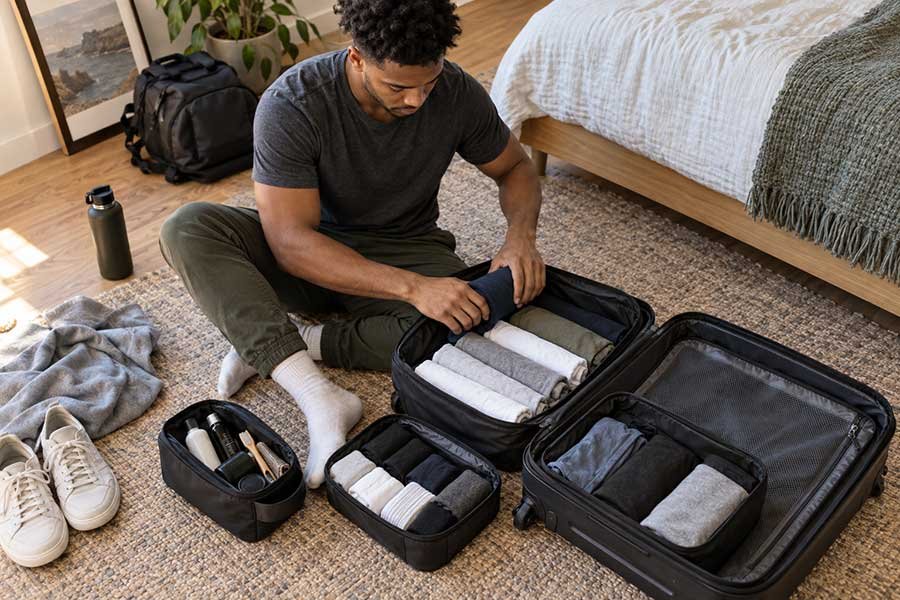Two pairs of shoes packed efficiently in a carry-on