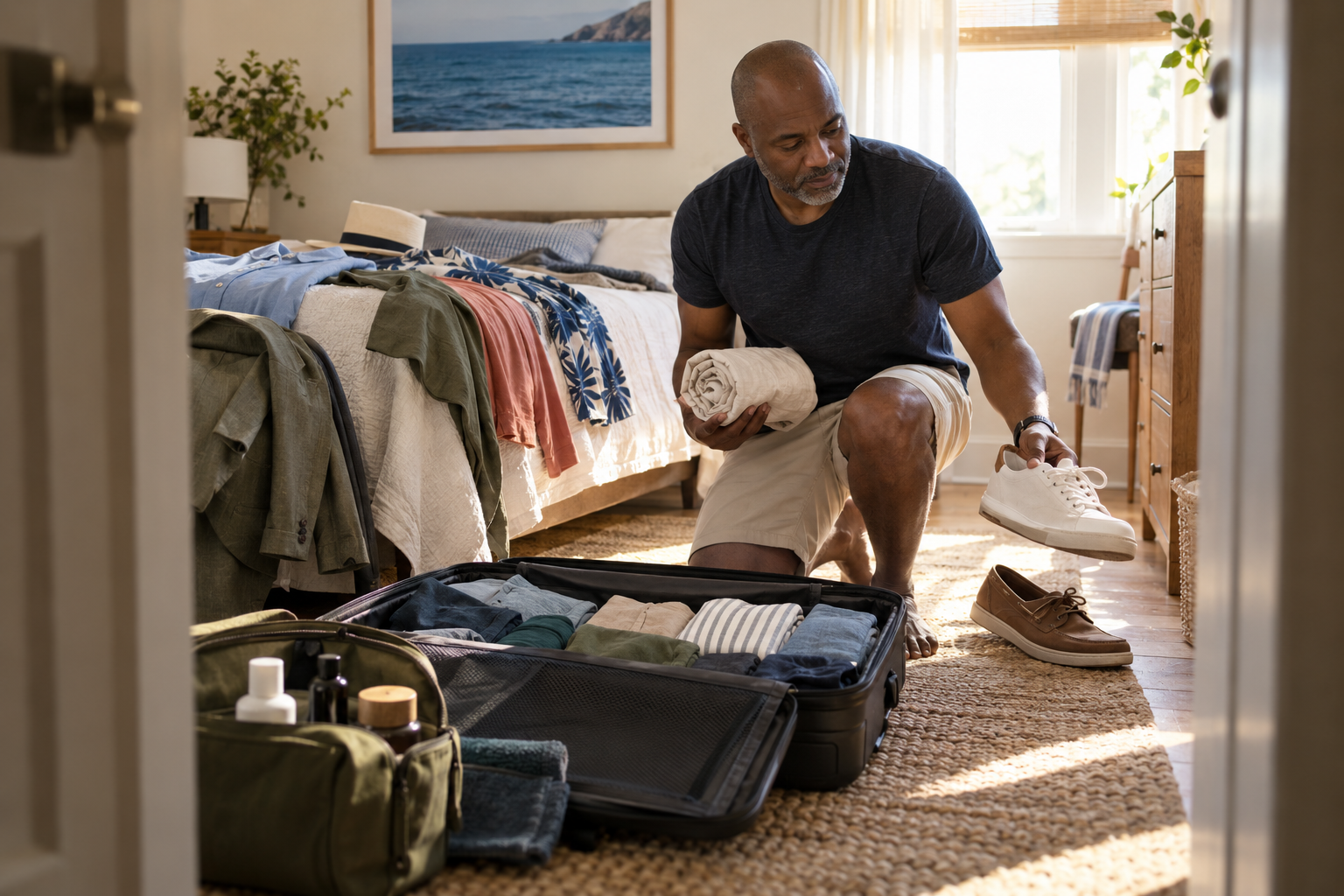 Travel-size grooming essentials packed for a cruise