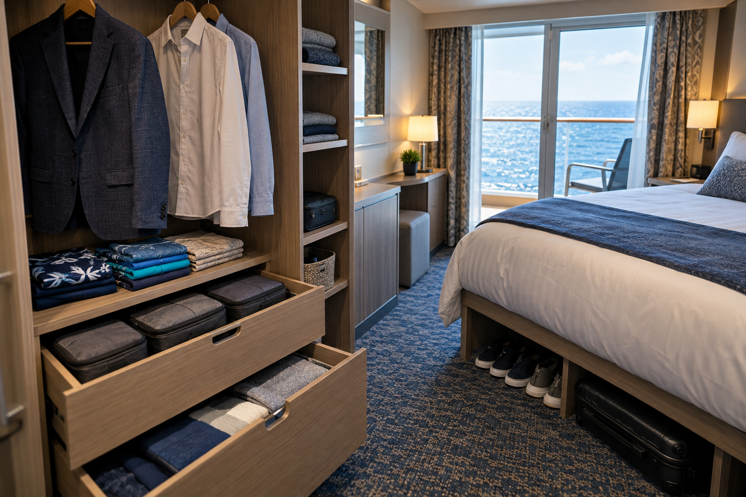 Swim trunks and pool accessories packed for a cruise