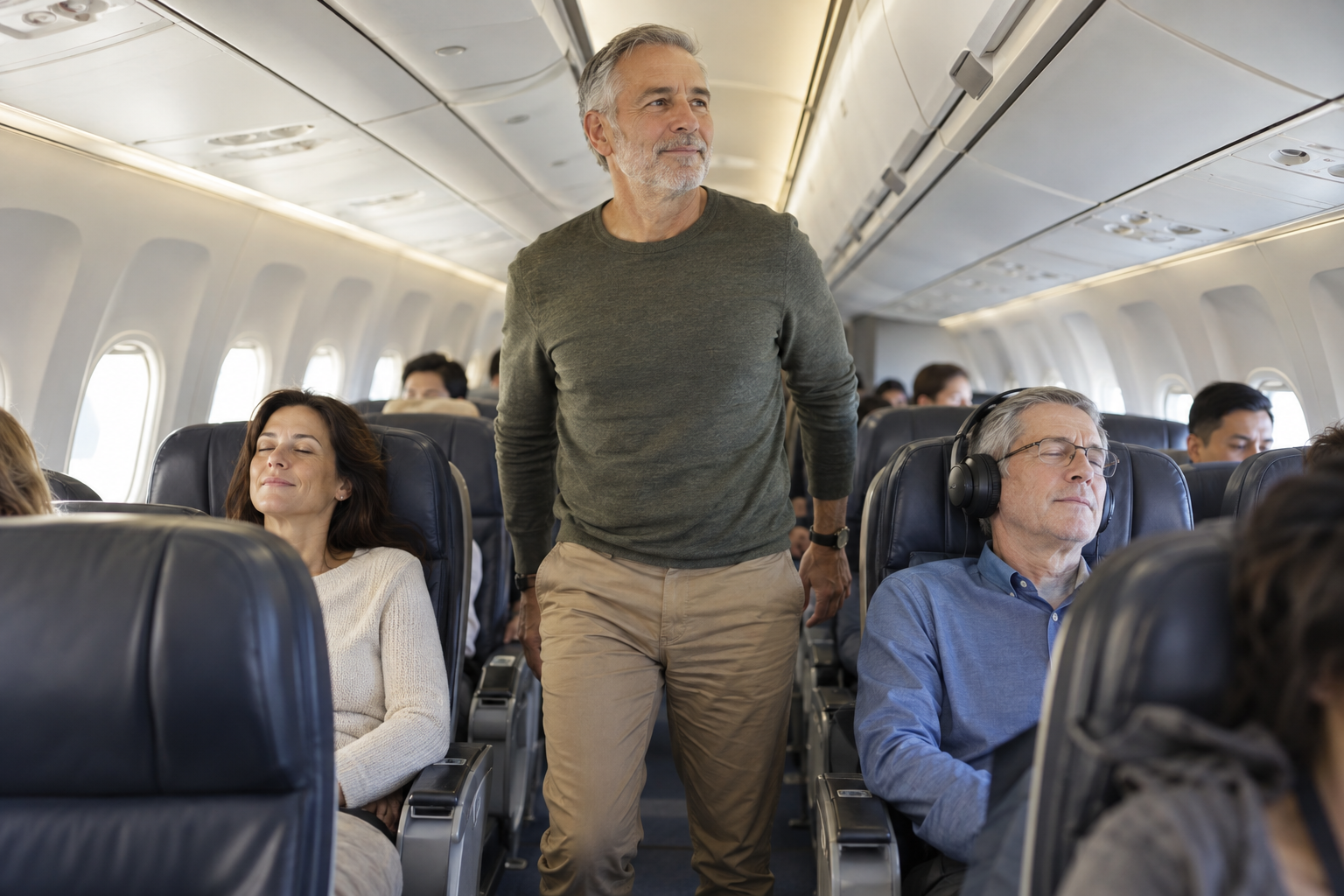 A traveler feeling calm in a seat over the wing during a flight
