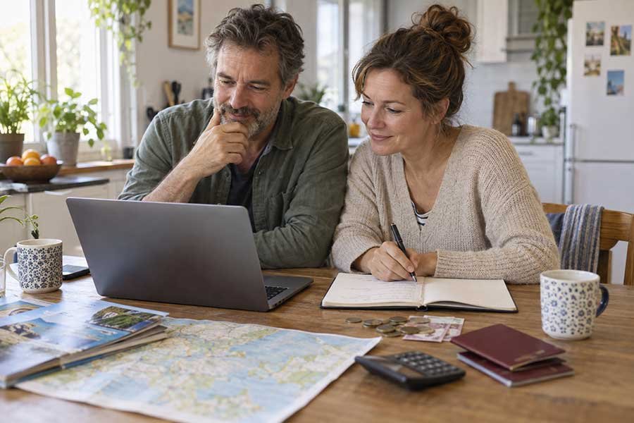 Traveler comparing flight and hotel prices on a laptop to plan a budget-friendly trip