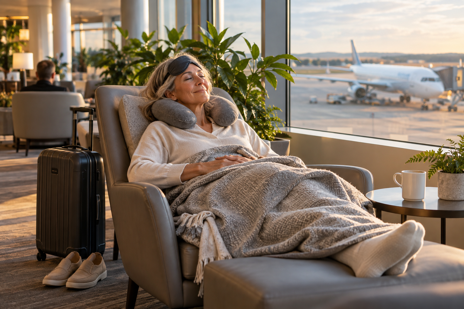 A traveler resting comfortably during a long layover