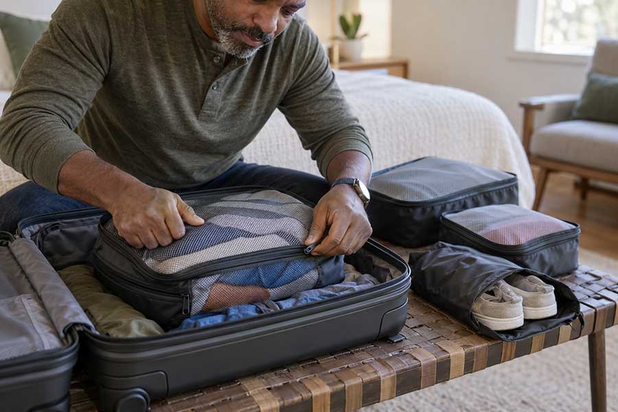 Packing cubes organized inside an open suitcase