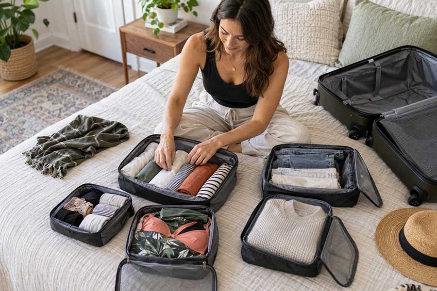 Clothes sorted into packing cubes by category